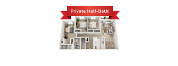 A diagram of a small apartment layout with a private half-bath.