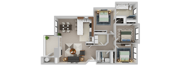 3D floor plan of a 3 bedroom, 2 bathroom apartment at Sunrise Lane Apartments in Everett WA
