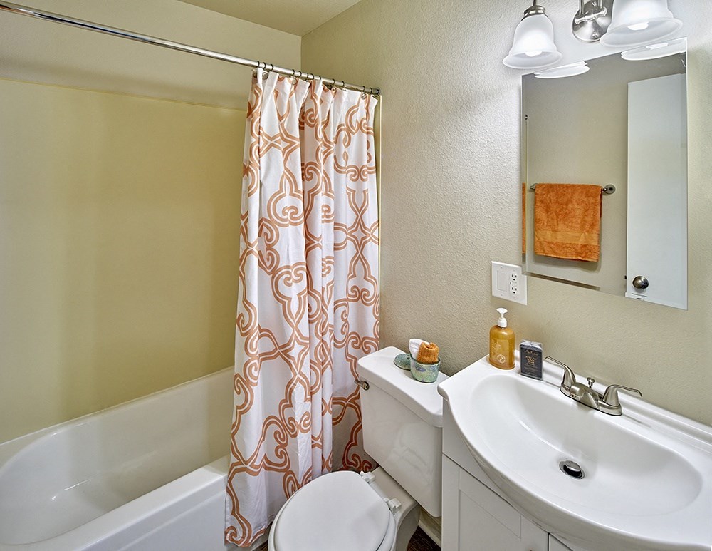 a bathroom with a shower curtain and a sink and a toilet  at Woodhaven, Everett, Washington
