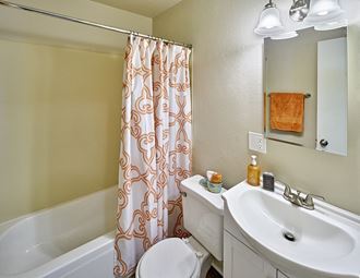 a bathroom with a shower curtain and a sink and a toilet