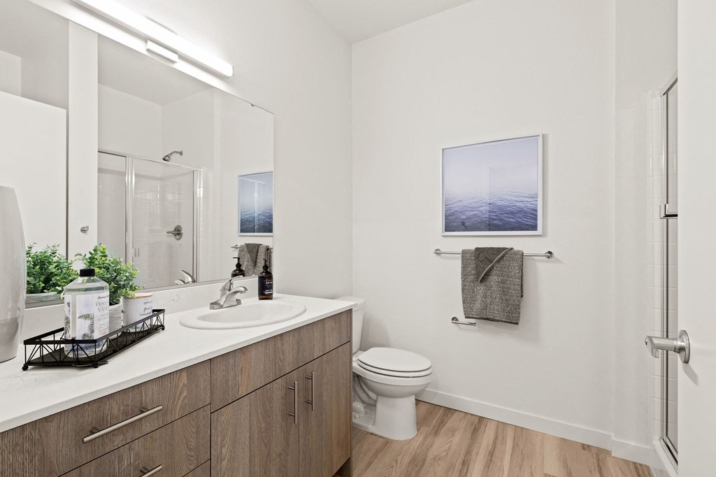 a bathroom with a large mirror and a toilet at The Duo, Washington, 98466