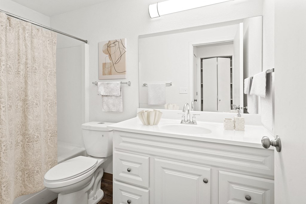 A full bathroom with white vanity sink, cabinet storage, large mirror, a toilet and shower. The linen closet is shown in the mirrors relection.