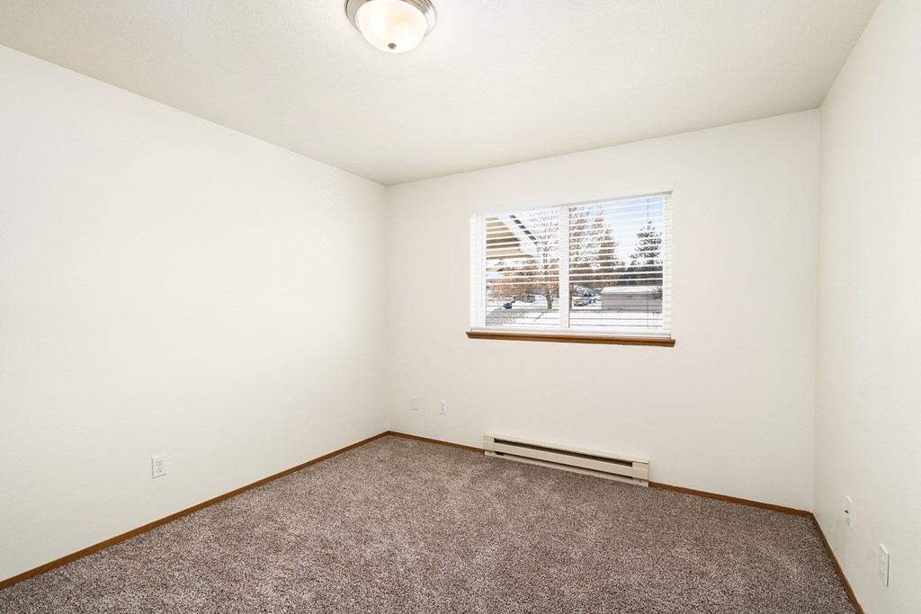 a bedroom with white walls and taupe carpet, a sunny window on the back wall and overhead lighting.at Clearwater, Idaho, 83854