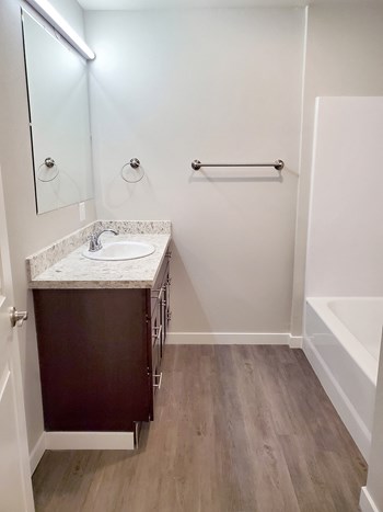 Updated full bathroom with wood-like flooring, a vanity sink, under-sink cabinets, two towel racks, and a shower. - Photo Gallery 5