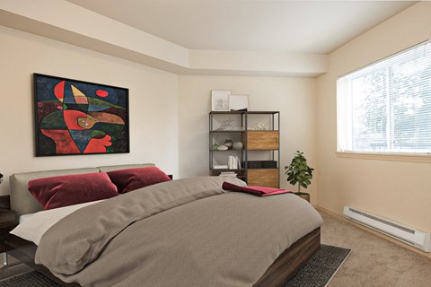 Carpeted bedroom with a queen size bed, abstract painting, shelving unit, and a window at 6 Wood Flats, Lacey, 98503