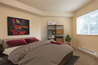Carpeted bedroom with a queen size bed, abstract painting, shelving unit, and a window. - Photo Gallery 3
