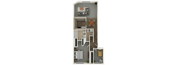 A 3D floor plan of a small apartment with a living room, kitchen, and bedroom.
