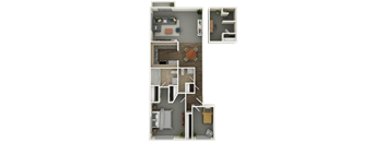 A top-down view of a house layout with a living room, kitchen, dining area, and bedrooms.