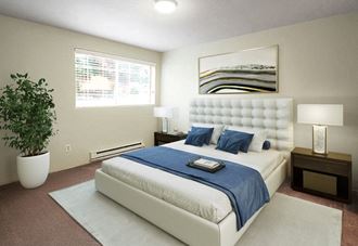 Bedroom Bedroom with large window, staged bed, carpet, side tables and art above bed.at Capitol Crossing, Olympia - Photo Gallery