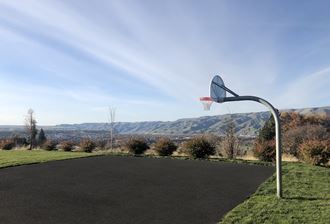 Paved basketball court lined with green grass and landscaping looking at the Idaho mountain ridges and the Snake River.at Canyon View, Lewiston, 99336 - Photo Gallery 2