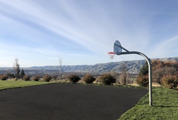 Paved basketball court lined with green grass and landscaping looking at the Idaho mountain ridges and the Snake River. - Photo Gallery 2