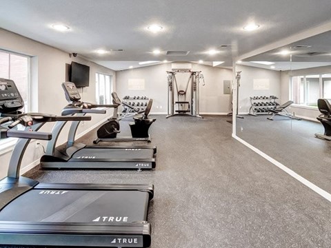 The fitness center has a TV, two treadmills, a sitting bike, free weights, and a cable machine at Pointe East, Washington, 98424