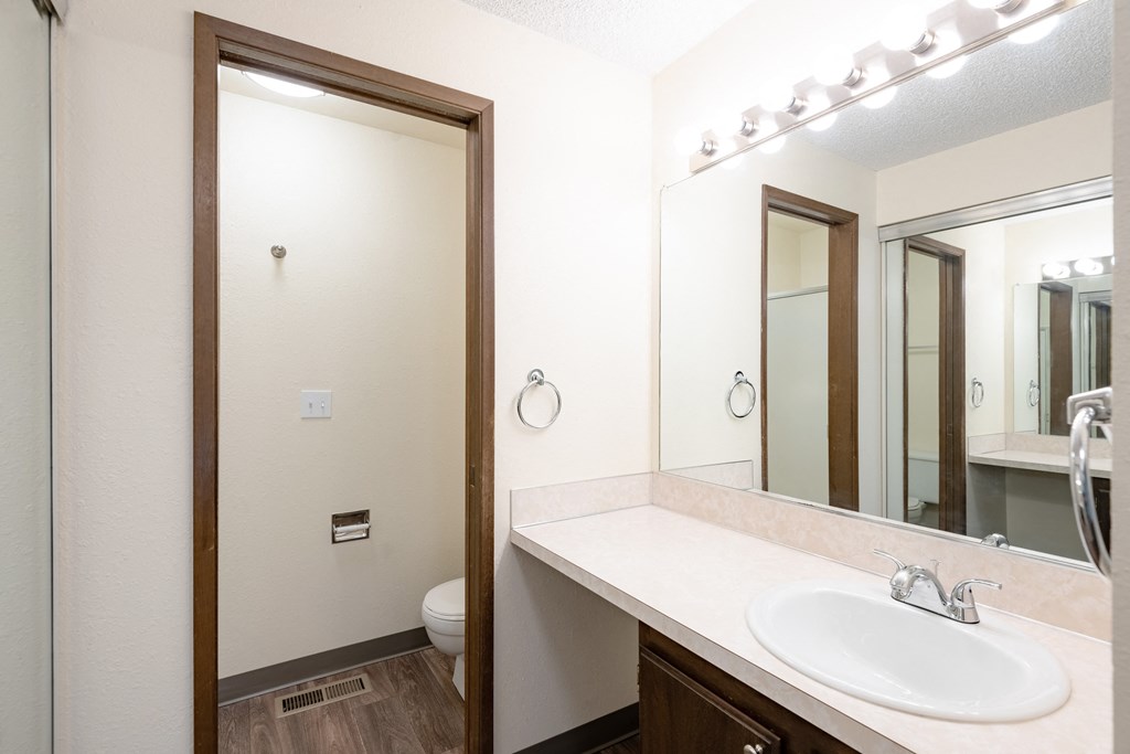 the preserve at ballantyne commons apartment bathroom with sink and mirror