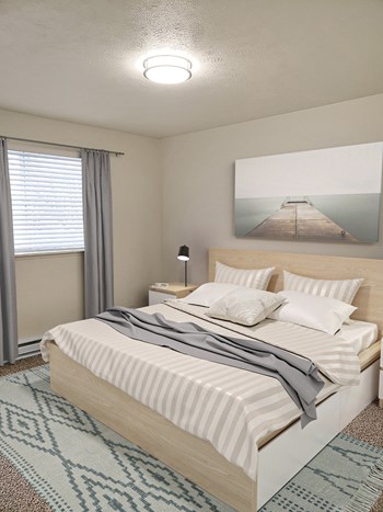 Bedroom with large window, white blinds, staged with bed, side tables, artwork, and curtains. - Photo Gallery 12