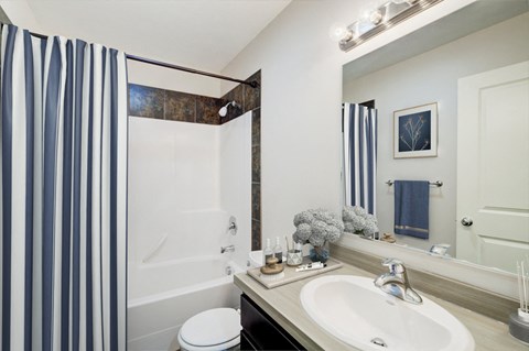a bathroom with a shower and a sink and a mirror at Copper Pines, Bozeman, MT, 59718