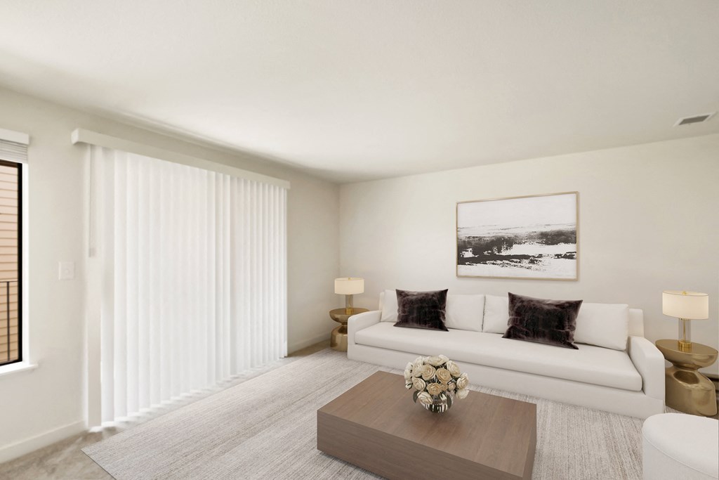 a living room with white walls and a large window  at Brix, Washington, 99362