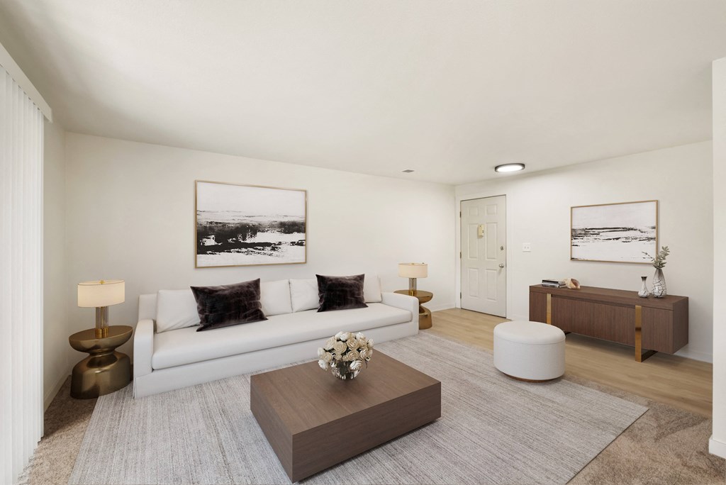 a living room with white walls and a white couch  at Brix, Washington, 99362