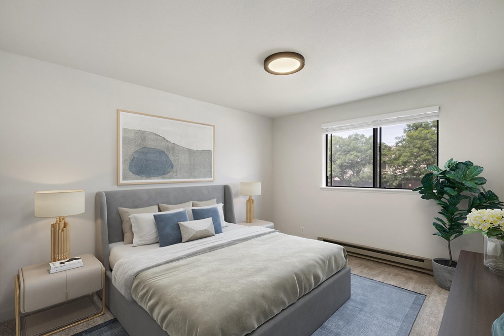 a bedroom with a large bed and a large window  at Brix, Washington