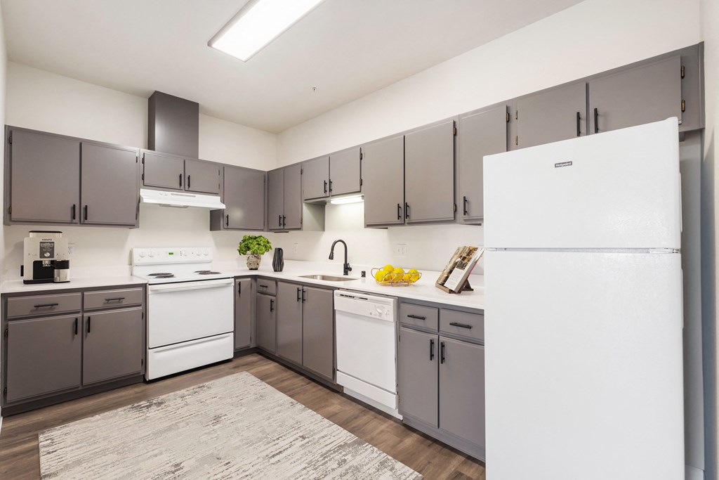 Large kitchen with full-size fridge, a dishwasher, sink, oven, stovetop and range hood.at Shoreline Village, Richland, WA 99352