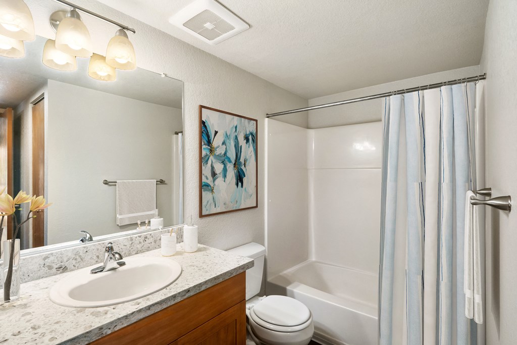 a bathroom with a sink and a toilet and a shower at Cedarwood, Wenatchee, WA 98801