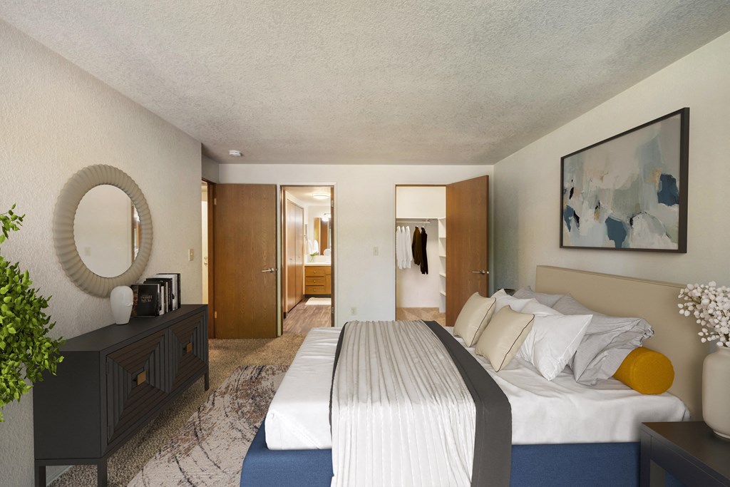 a bedroom with a bed and a dresser and a mirror at Cedarwood, Renton Washington