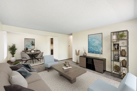 a rendering of a living room with a dining room in the background at Castlerock, Wenatchee