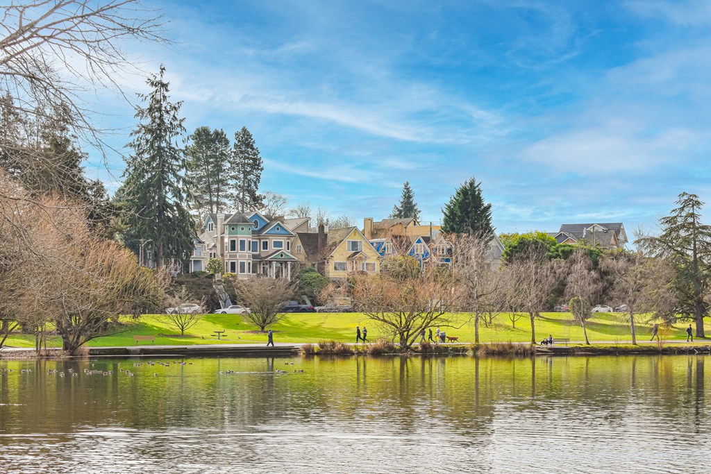 a park with houses on the other side of a lake