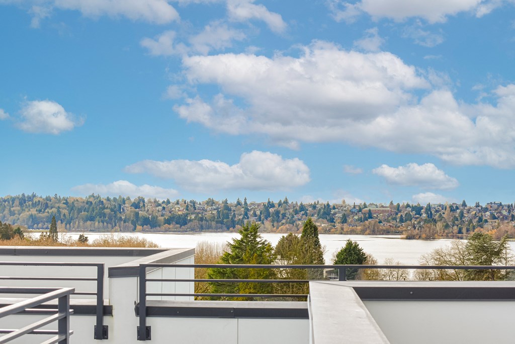 the view of the lake from the roof of a building