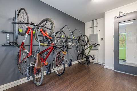 A room with a grey wall and a wooden floor has several bicycles hanging on a bike rack.