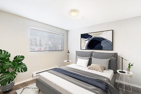 Carpeted bedroom with white walls, a window on the left wall. Staged with a bed, side tables, and a houseplant.at Capitol Crossing, Washington