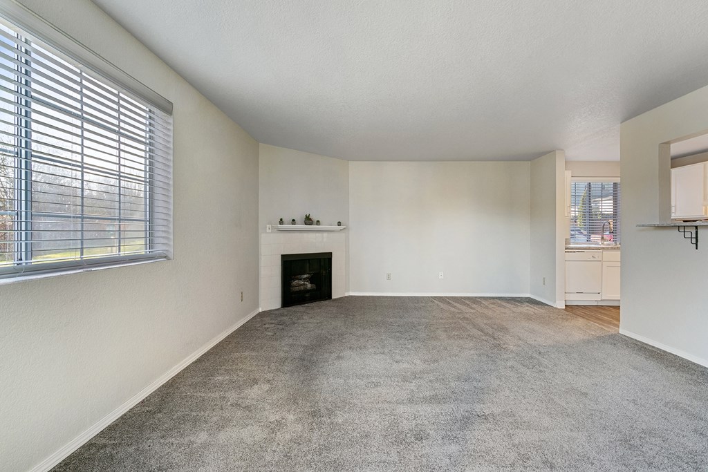 Remodeled living room with window and blinds, gas fireplace, and mantle with plants in the center and kitchen to the right.at Capitol Crossing, Olympia, Washington