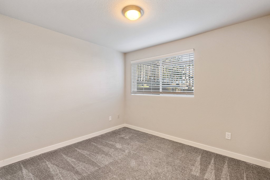 an empty bedroom with a window and gray carpet