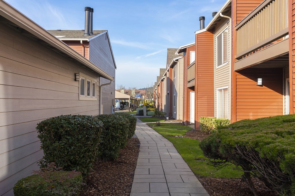 A paved pathway between two apartment buildings lined with bushes, green grass, and covered car parking in the distance at Pointe East, Fife, Washington.
