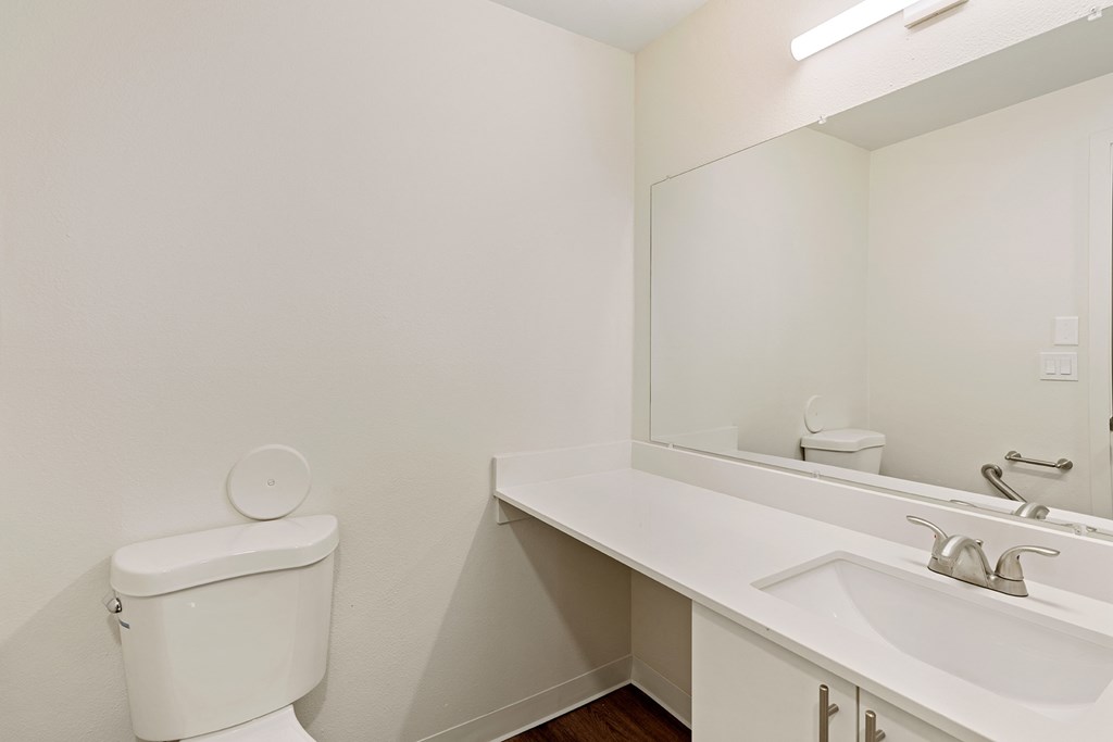 A bathroom with a white vanity sink, under sink cabinets, a large mirror, and a toilet to the left. at Pointe East, Washington