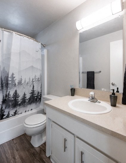 a bathroom with a shower and a sink and a toilet