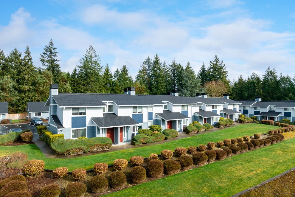 an aerial view of Hawks Prairie with a manicured lawn