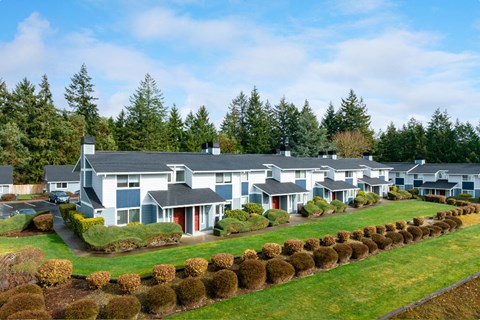 an aerial view of Hawks Prairie with a manicured lawn