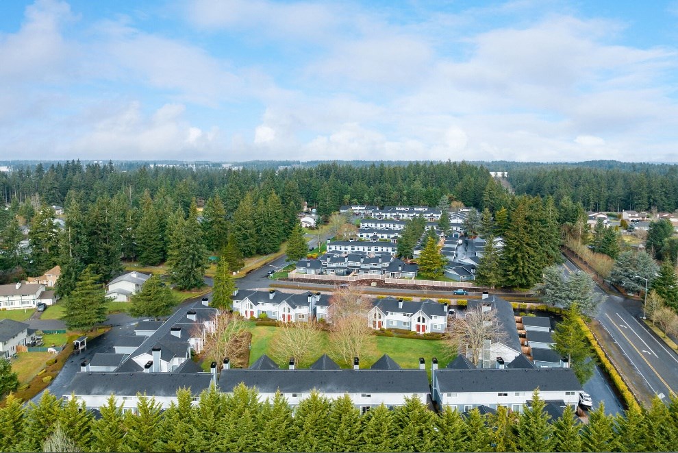 an aerial view of the Hawks Prairie neighborhood of houses and trees