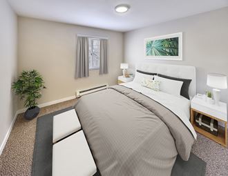 Carpeted bedroom with a large window on the far wall. Staged bed, side tables, and a house plant in the corner.