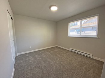 Bedroom with gray carpets, large closet on the left opposite window with white blinds and heater below. - Photo Gallery 13