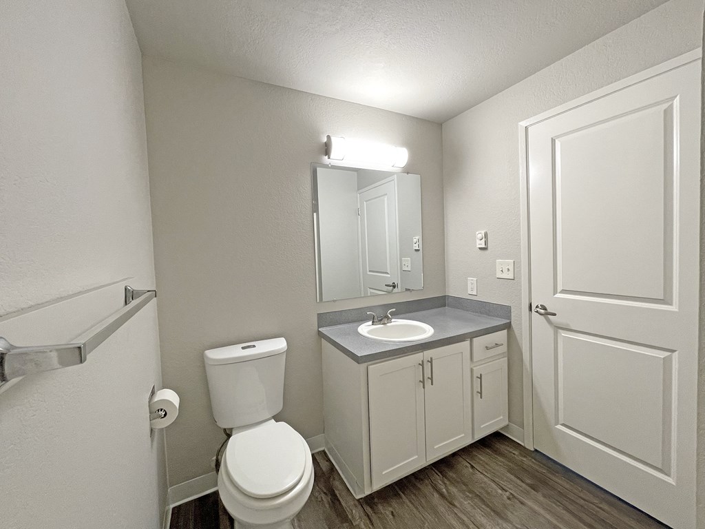 Bathroom with wood-like flooring, vanity sink, gray countertop, white cabinets, large mirror, toilet, and towel rack.at Quilceda Gardens, Marysville, Washington