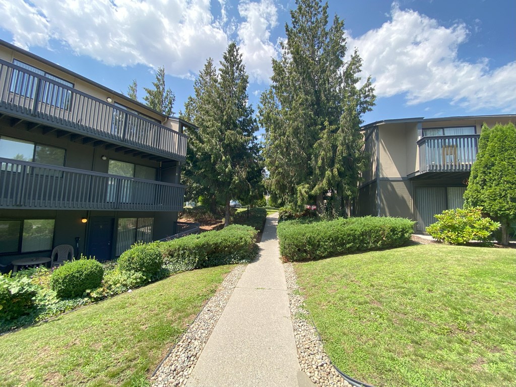 a walkway between two apartment buildings with trees in the background at Cedarwood, Renton Washington