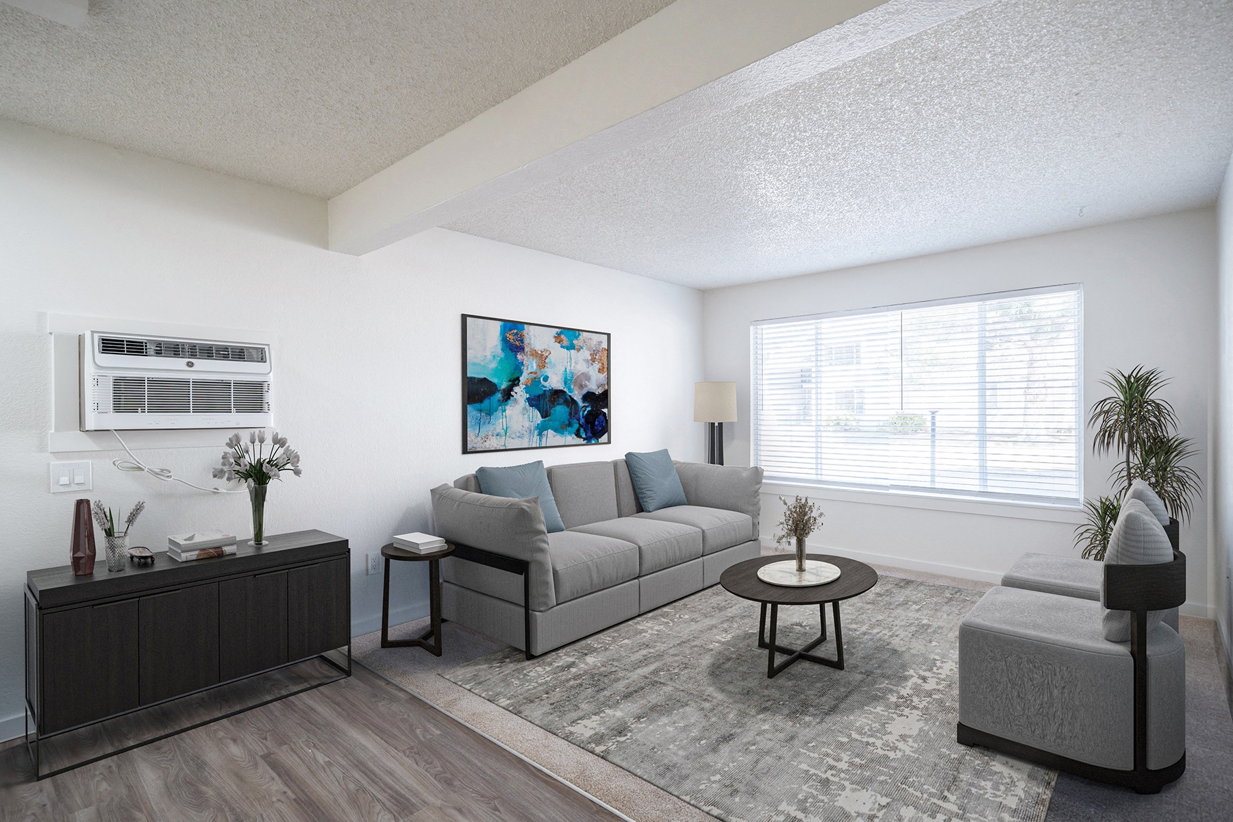 our apartments offer a living room with a couch and a coffee table
