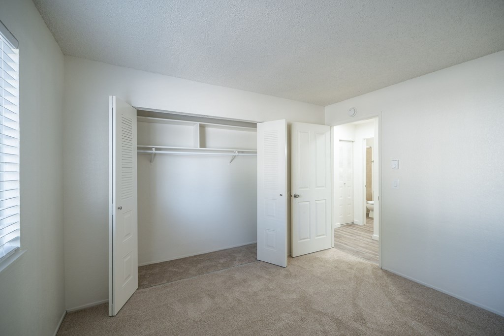 Large bedroom with carpeted floors and spacious closet at Kirkwood Meadows Apartments in Pocatello, ID