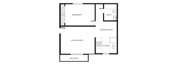 A floor plan of a house with a bedroom, bathroom, dining room, living room, kitchen, and balcony.