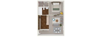A floor plan of a one bedroom apartment with virtual staging at Laurel Park, Idaho, 83301