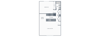 A floor plan of a room with a bedroom, dining room, kitchen, and living room at Melrose on 91.