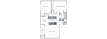 A floor plan of a house with a living room, dining room, kitchen, pantry, two bedrooms, and a bathroom at Melrose on 91.