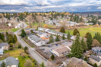 Aerial view of the community with trees along the skyline, houses, and large grass fields in the surrounding area. - Photo Gallery 18