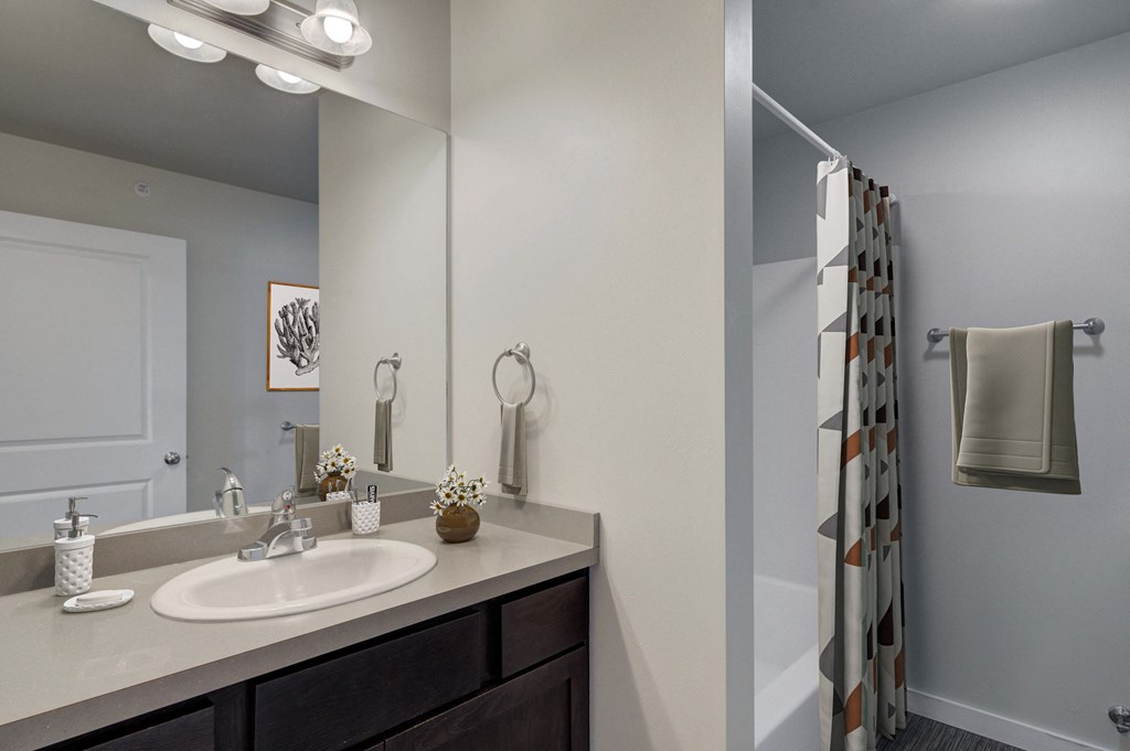 a bathroom with a sink and a shower and a mirror at Madison Park, Bozeman, MT